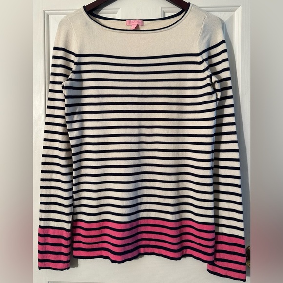 LILLY PULITZER Large Marina Boat Neck Sweater Stripe Color Block White Blue Pink - Picture 1 of 9